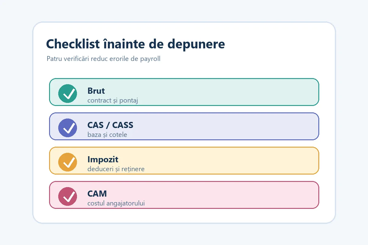 Checklist cu brut, CAS, CASS, impozit și CAM înainte de depunere