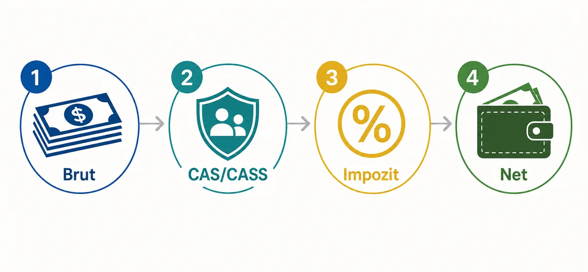 Pașii de la salariu brut la salariu net: CAS CASS impozit net