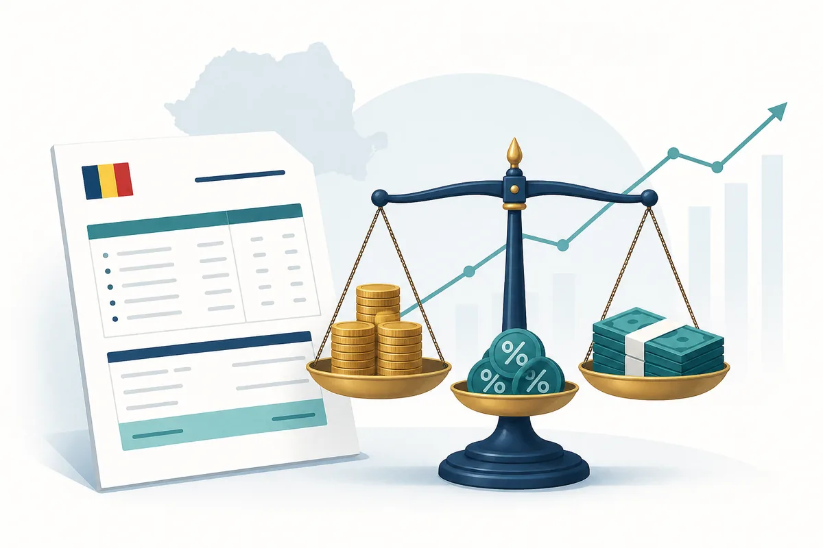 Ilustrație editorială despre salariul mediu net și brut în România în 2026